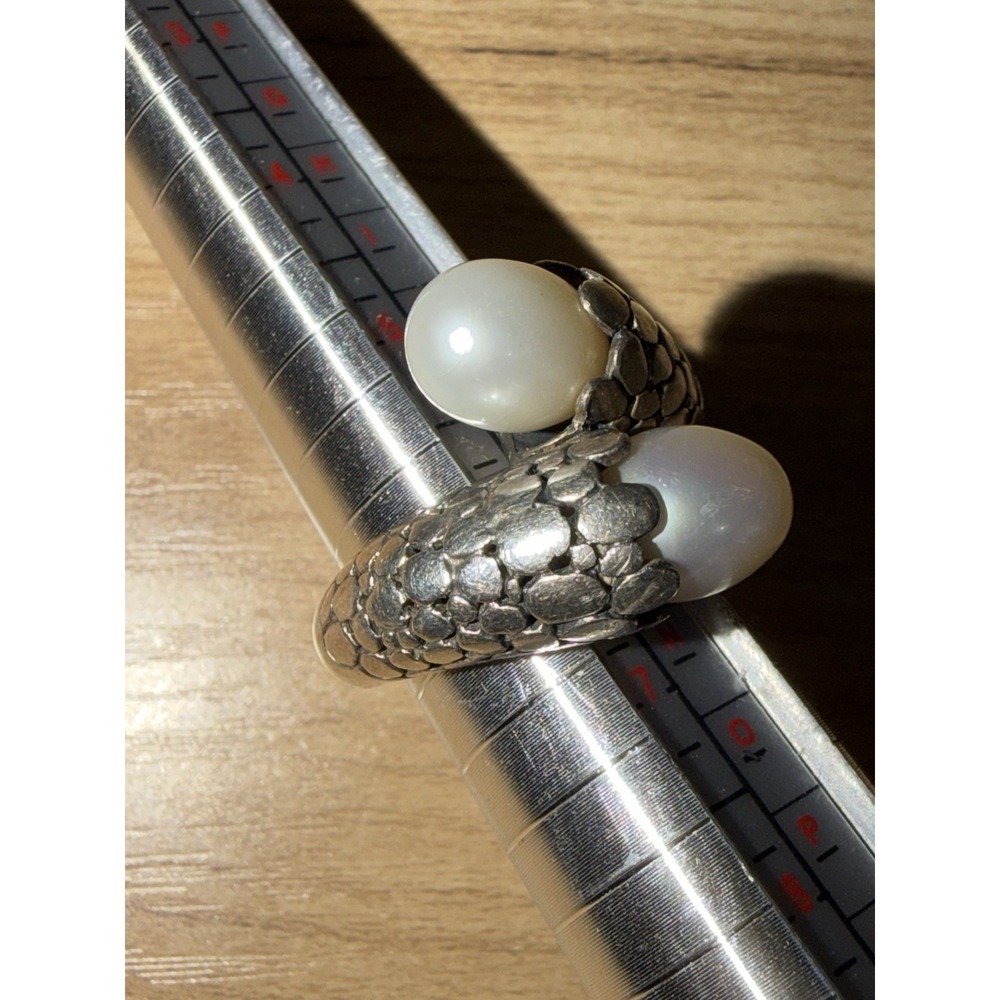 Sterling Silver Snake‎ Skin Texture Crossover Band Pearl Ring Size 6